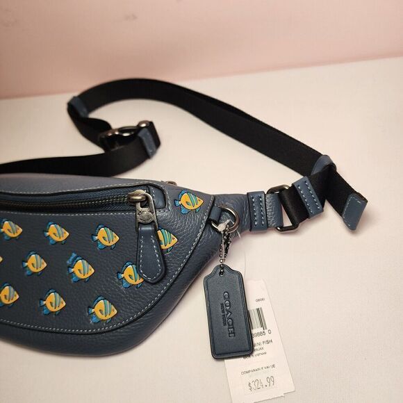 NWT Coach CT872 Warren Mini Belt Bag Pebble Leather Fish Print Denim/Multi - Picture 2 of 5
